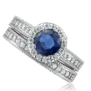  Sapphire Diamond Engagement Wedding Ring Bridal Set 18k White Gold 