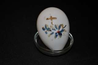   Hand Blown Milk Glass Easter Egg Hand Painted Flowers and Cross  