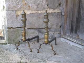   19thC CHIPPENDALE / Federal Old BRASS Fireplace ANDIRONS  