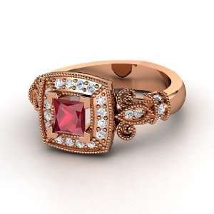   Dauphine Ring, Princess Ruby 14K Rose Gold Ring with Diamond Jewelry