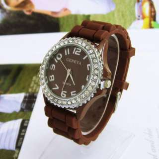Brown Geneva Quartz Silicone Gel Girl Watch Wristwatch with Crystal 