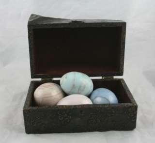   Marble Eggs in a Damaged Antiqued Box Blue Pink Green Orange  