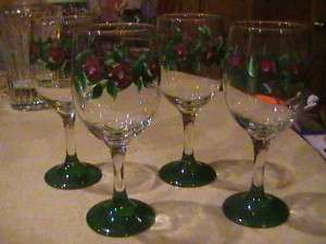 Libbey Glass 4 Goblets Hand Painted Roses & Green  