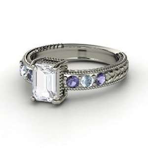 Emerald Isle Ring, Emerald Cut White Sapphire 14K White Gold Ring with 