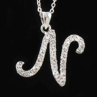 SILVER TONE INITIAL LETTER N CRYSTAL PENDANT NECKLACE N  