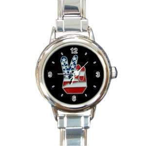 Peace Sign With American Flag Round Italian Charm Watch  