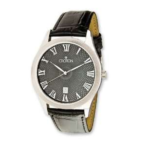  Croton Mens Black Dial Black Leather Band Watch Jewelry
