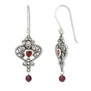   Silver Marcasite Garnet Heart with Garnet Bead Drop Earrings Jewelry