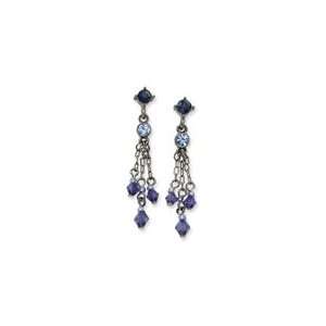  Black plated Light Dark Blue Crystal Tassel Post Earrings 