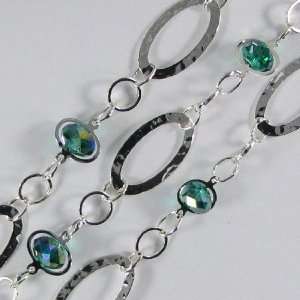  silver plated ring oval link chain green quartz