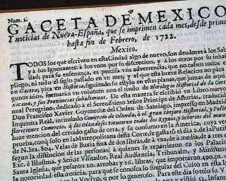 RARE Mexico Latin America OLDEST 1722 Spanish Newspaper  