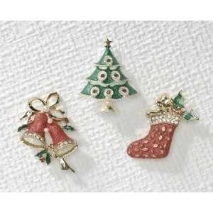   Holiday Bell, Christmas Tree & Stocking Jewelry Pins 1.75 Home