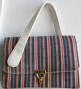 VTG 60s lot 2 navy blue red white stripe mod handbag purse  