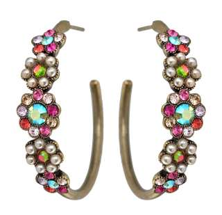 Michal Negrin Flower Hoop Earrings made with Multicolor Crystals 
