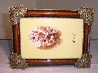 Solid Brass ENAMELED JEWELED PICTURE FRAME, Brwn/Amber  