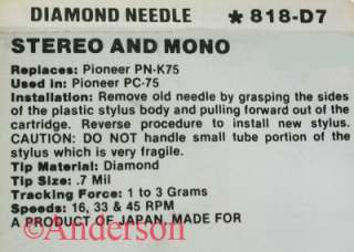STEREO PHONOGRAPH NEEDLE Pioneer PN K75 PC 75 818 D7  