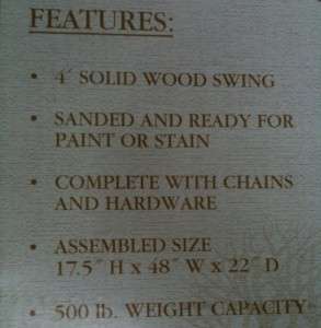 Hanging Porch Swing Complete Kit 4 Foot Natural Cypress Wood Free 