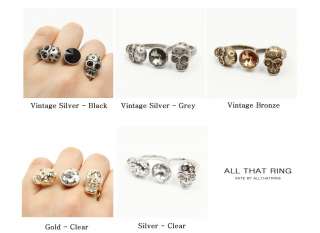 Swarovski Crystal Two Finger Double Ring Two Skull Double Ring