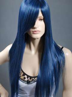 Long Black Blue Straight Animation Cosplay Wig 71cm  