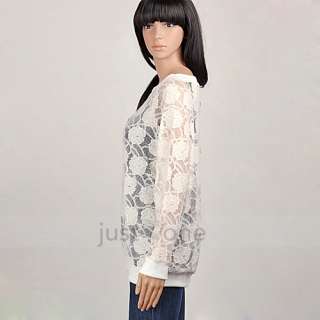   Sexy Stretchy Lace Flower Long Sleeve Casual T Shirt Tops Cover Up