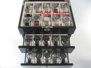 30 watch Glass Top Black Lacquer Display Case + Gift  