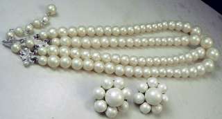 Vintage Signed JAPAN White Satin Finish Bead Necklace, Clip Earrings 