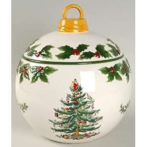 Spode Christmas Tree Green Trim Cookie Jar W/Lid, Fine China 